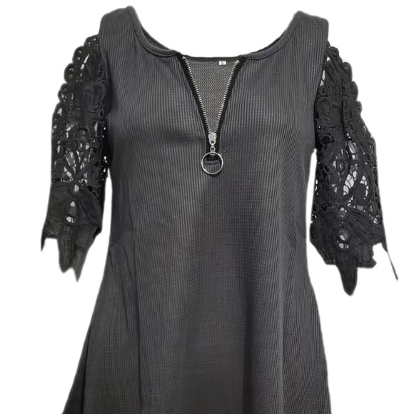 NWT 💋 CHARCOAL GRAY RIBBED COLD SHOULDER LACE SLEEVE ZIPPER BLOUSE TOP XXL - Picture 2 of 9